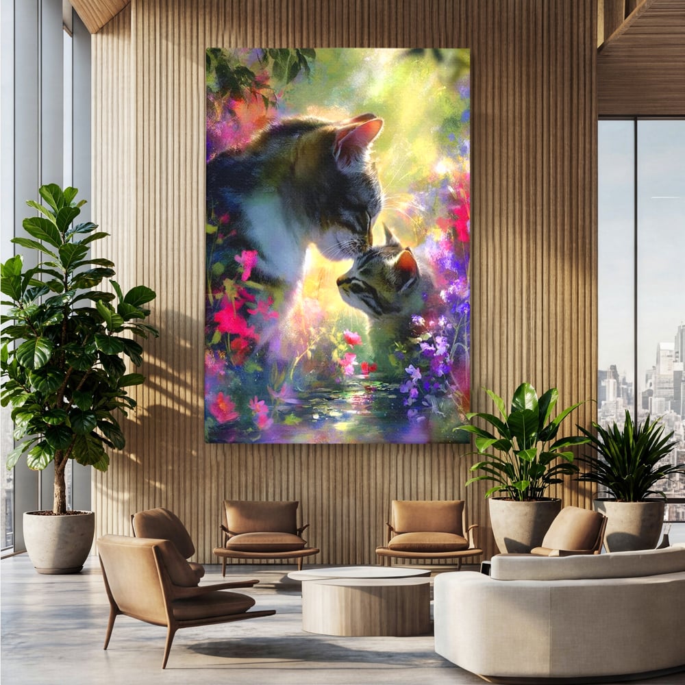 Leinwand Wandkunst Leinwand Wandkunst Premium, LuxCanva® M1508, Ein Moment der Zärtlichkeit, Katzen, Garten, Blumen, Liebe, Mama, Mutti, Huhn, Familie, Paradies, Schlafzimmer, Büro, Wohnen, Babyzimmer