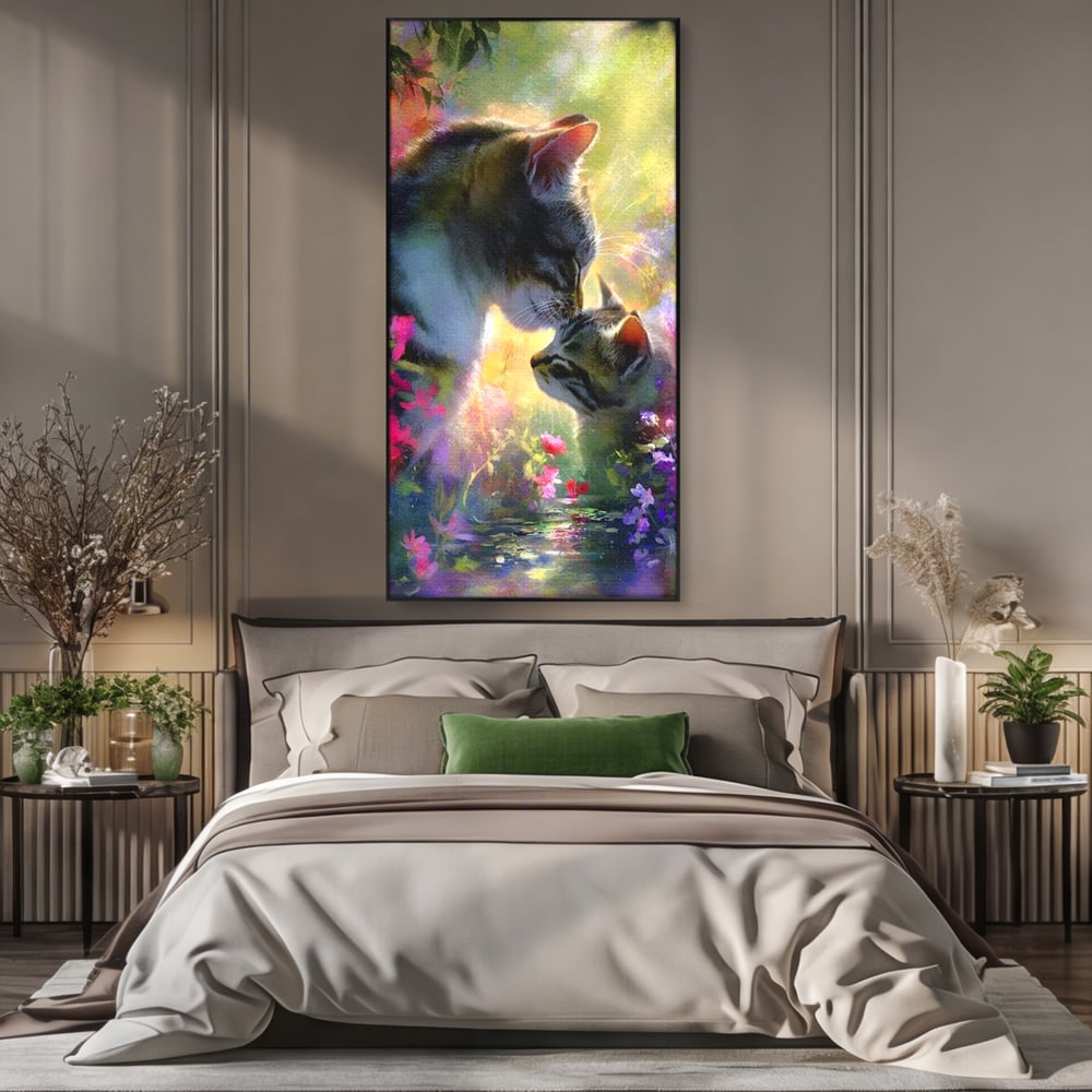 Leinwand Wandkunst Leinwand Wandkunst Premium, LuxCanva® M1508, Ein Moment der Zärtlichkeit, Katzen, Garten, Blumen, Liebe, Mama, Mutti, Huhn, Familie, Paradies, Schlafzimmer, Büro, Wohnen, Babyzimmer