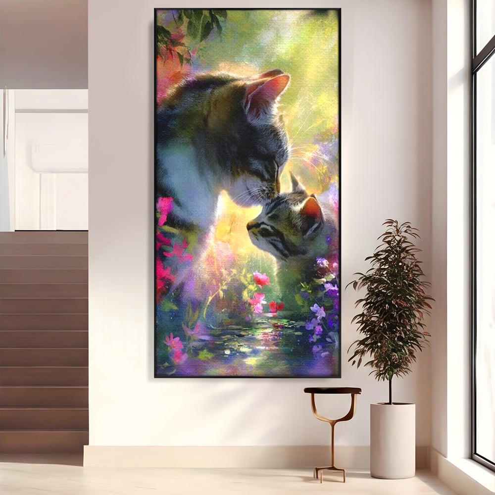 Leinwand Wandkunst Leinwand Wandkunst Premium, LuxCanva® M1508, Ein Moment der Zärtlichkeit, Katzen, Garten, Blumen, Liebe, Mama, Mutti, Huhn, Familie, Paradies, Schlafzimmer, Büro, Wohnen, Babyzimmer