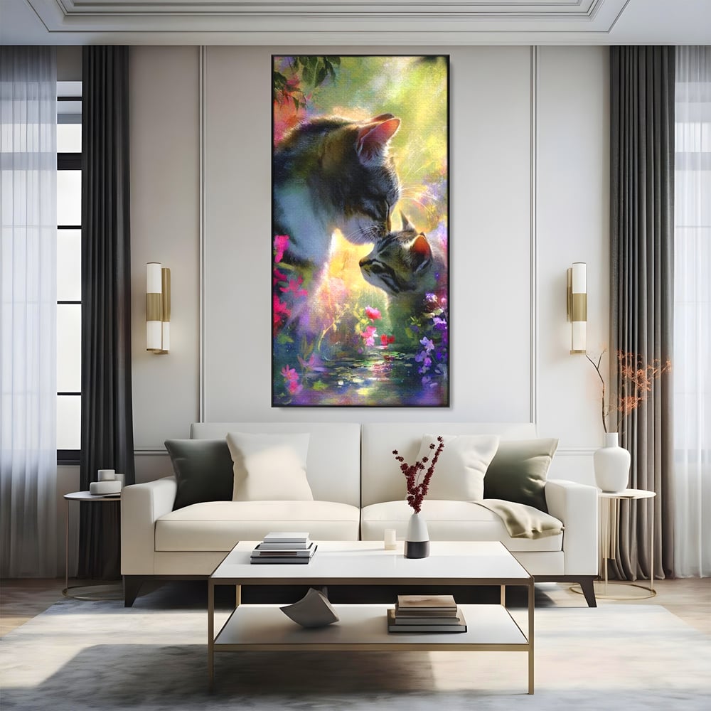 Leinwand Wandkunst Leinwand Wandkunst Premium, LuxCanva® M1508, Ein Moment der Zärtlichkeit, Katzen, Garten, Blumen, Liebe, Mama, Mutti, Huhn, Familie, Paradies, Schlafzimmer, Büro, Wohnen, Babyzimmer