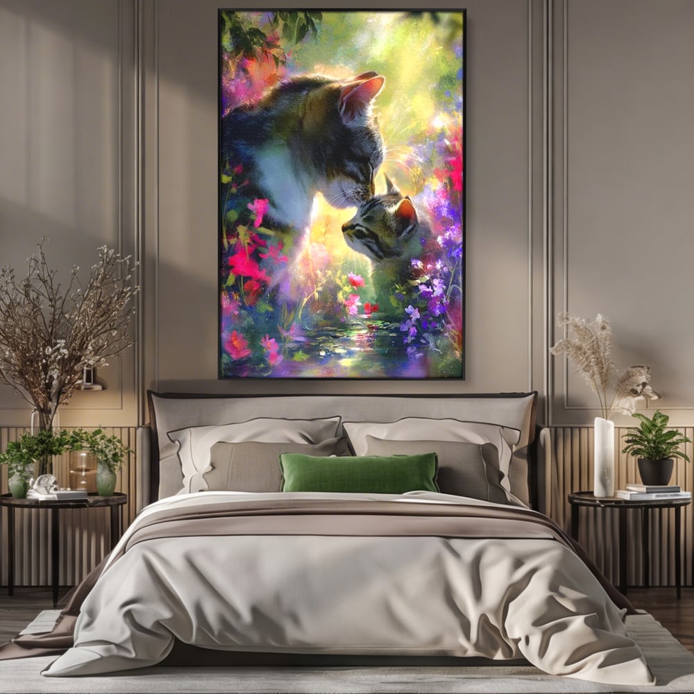 Leinwand Wandkunst Leinwand Wandkunst Premium, LuxCanva® M1508, Ein Moment der Zärtlichkeit, Katzen, Garten, Blumen, Liebe, Mama, Mutti, Huhn, Familie, Paradies, Schlafzimmer, Büro, Wohnen, Babyzimmer