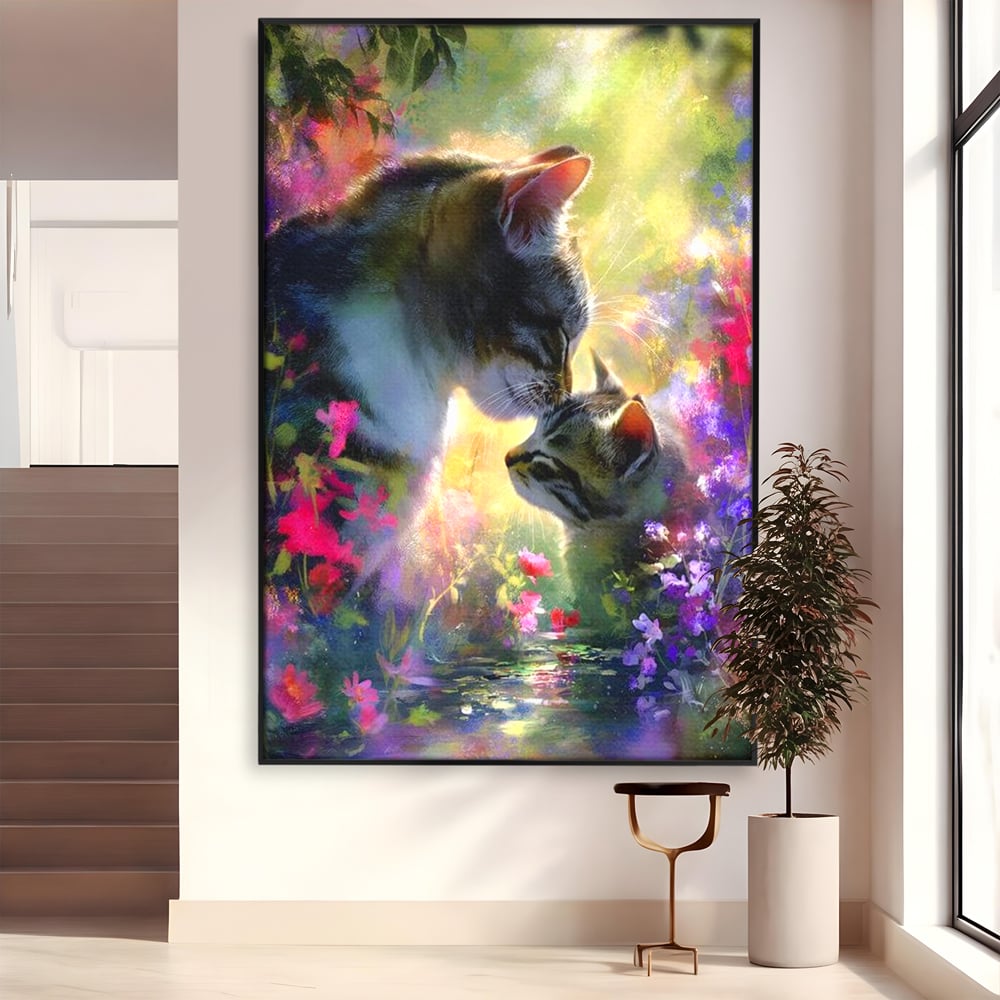 Leinwand Wandkunst Leinwand Wandkunst Premium, LuxCanva® M1508, Ein Moment der Zärtlichkeit, Katzen, Garten, Blumen, Liebe, Mama, Mutti, Huhn, Familie, Paradies, Schlafzimmer, Büro, Wohnen, Babyzimmer