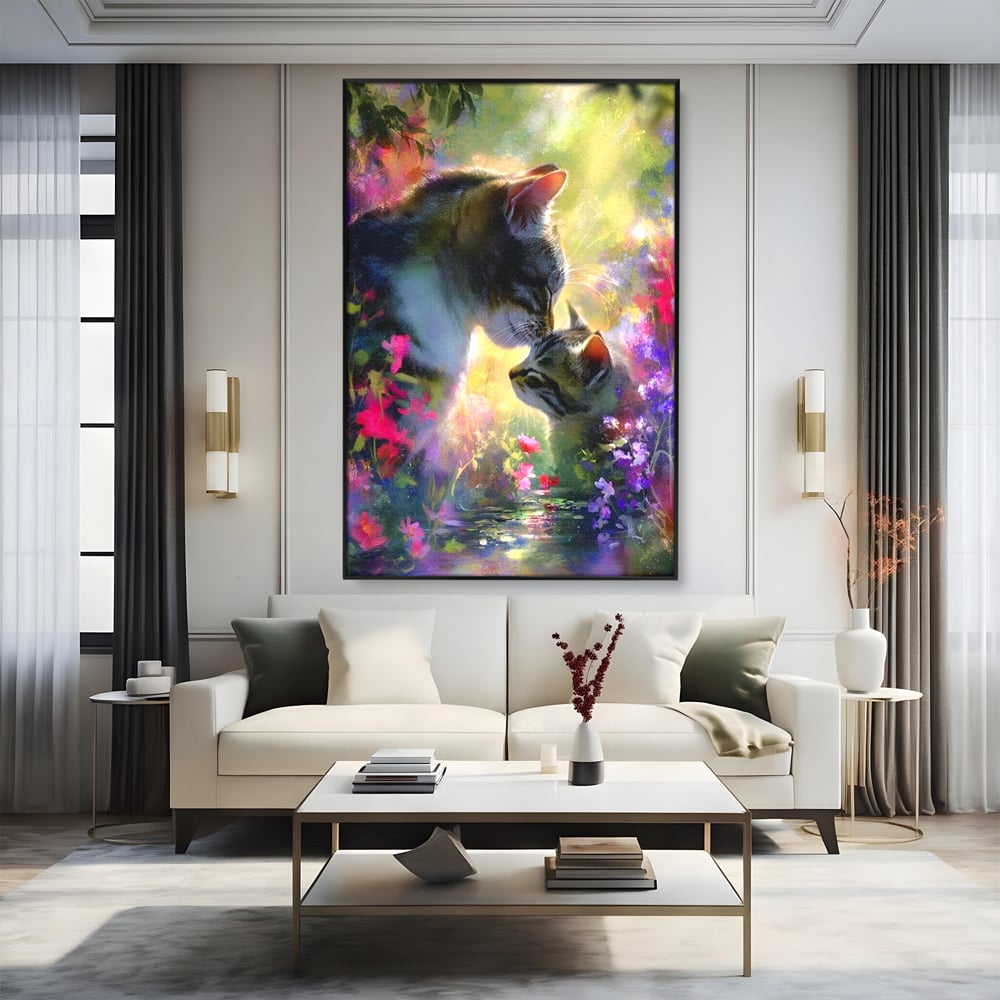Leinwand Wandkunst Leinwand Wandkunst Premium, LuxCanva® M1508, Ein Moment der Zärtlichkeit, Katzen, Garten, Blumen, Liebe, Mama, Mutti, Huhn, Familie, Paradies, Schlafzimmer, Büro, Wohnen, Babyzimmer