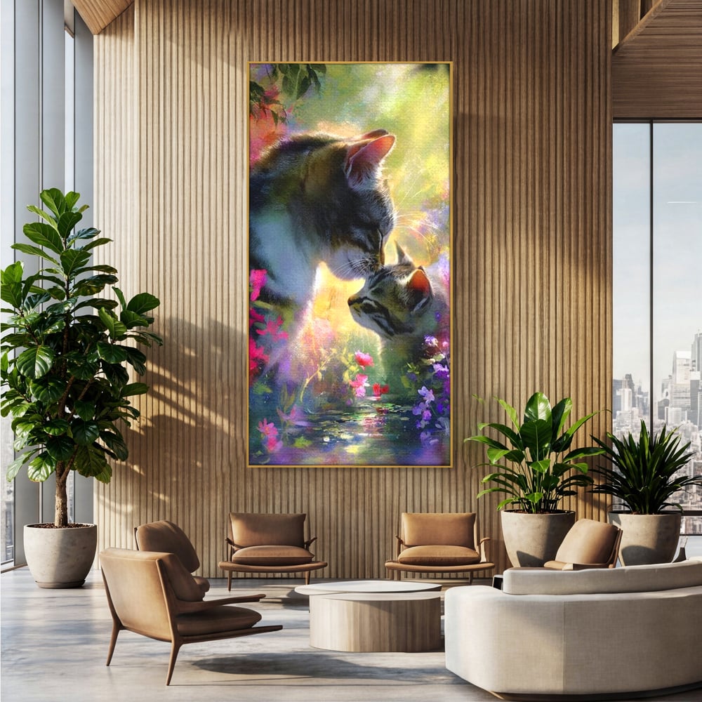 Leinwand Wandkunst Leinwand Wandkunst Premium, LuxCanva® M1508, Ein Moment der Zärtlichkeit, Katzen, Garten, Blumen, Liebe, Mama, Mutti, Huhn, Familie, Paradies, Schlafzimmer, Büro, Wohnen, Babyzimmer