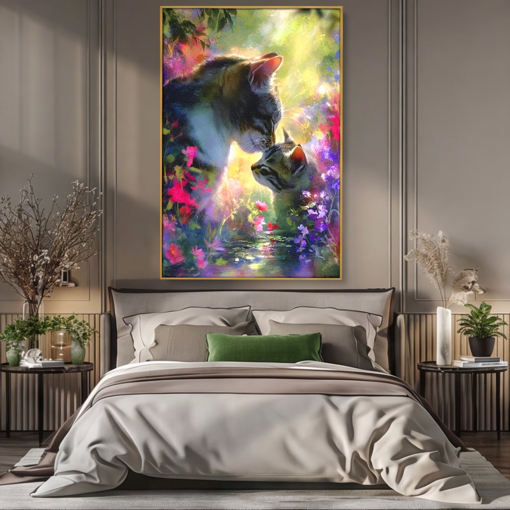 Leinwand Wandkunst Leinwand Wandkunst Premium, LuxCanva® M1508, Ein Moment der Zärtlichkeit, Katzen, Garten, Blumen, Liebe, Mama, Mutti, Huhn, Familie, Paradies, Schlafzimmer, Büro, Wohnen, Babyzimmer