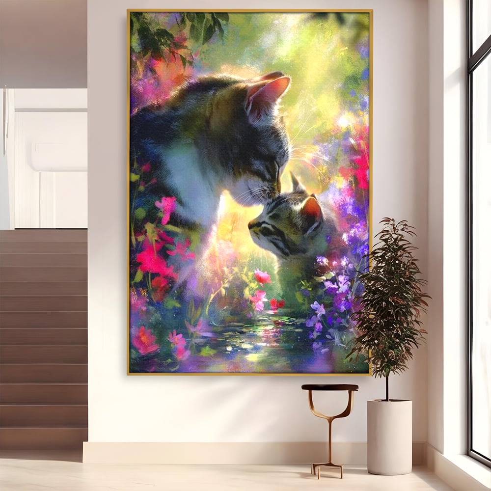 Leinwand Wandkunst Leinwand Wandkunst Premium, LuxCanva® M1508, Ein Moment der Zärtlichkeit, Katzen, Garten, Blumen, Liebe, Mama, Mutti, Huhn, Familie, Paradies, Schlafzimmer, Büro, Wohnen, Babyzimmer