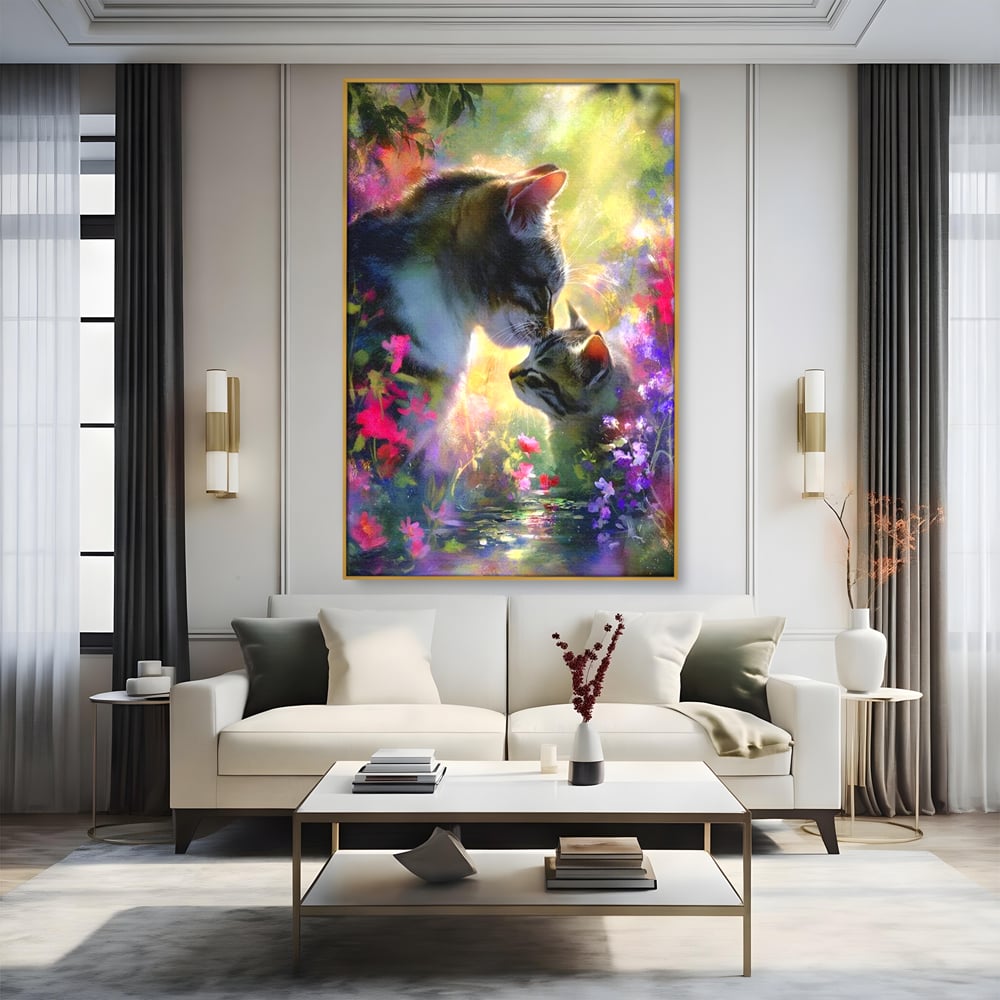 Leinwand Wandkunst Leinwand Wandkunst Premium, LuxCanva® M1508, Ein Moment der Zärtlichkeit, Katzen, Garten, Blumen, Liebe, Mama, Mutti, Huhn, Familie, Paradies, Schlafzimmer, Büro, Wohnen, Babyzimmer