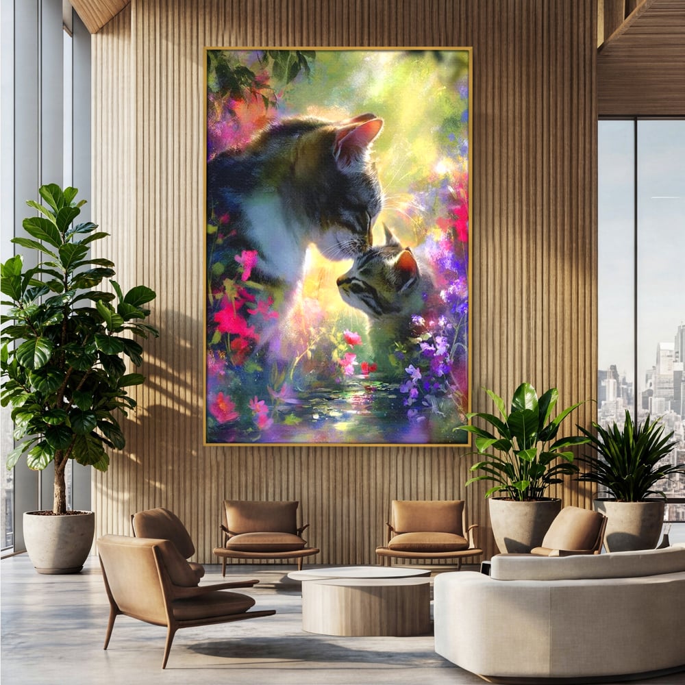 Leinwand Wandkunst Leinwand Wandkunst Premium, LuxCanva® M1508, Ein Moment der Zärtlichkeit, Katzen, Garten, Blumen, Liebe, Mama, Mutti, Huhn, Familie, Paradies, Schlafzimmer, Büro, Wohnen, Babyzimmer