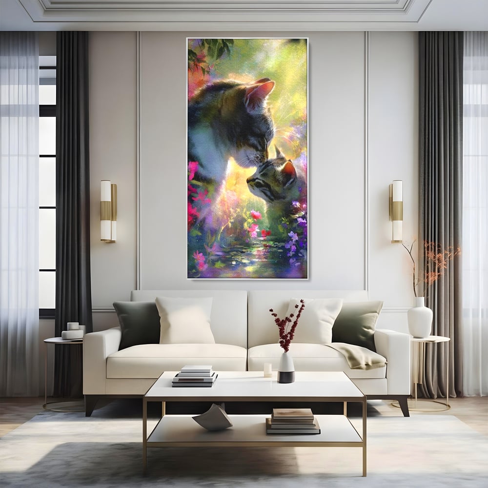 Leinwand Wandkunst Leinwand Wandkunst Premium, LuxCanva® M1508, Ein Moment der Zärtlichkeit, Katzen, Garten, Blumen, Liebe, Mama, Mutti, Huhn, Familie, Paradies, Schlafzimmer, Büro, Wohnen, Babyzimmer