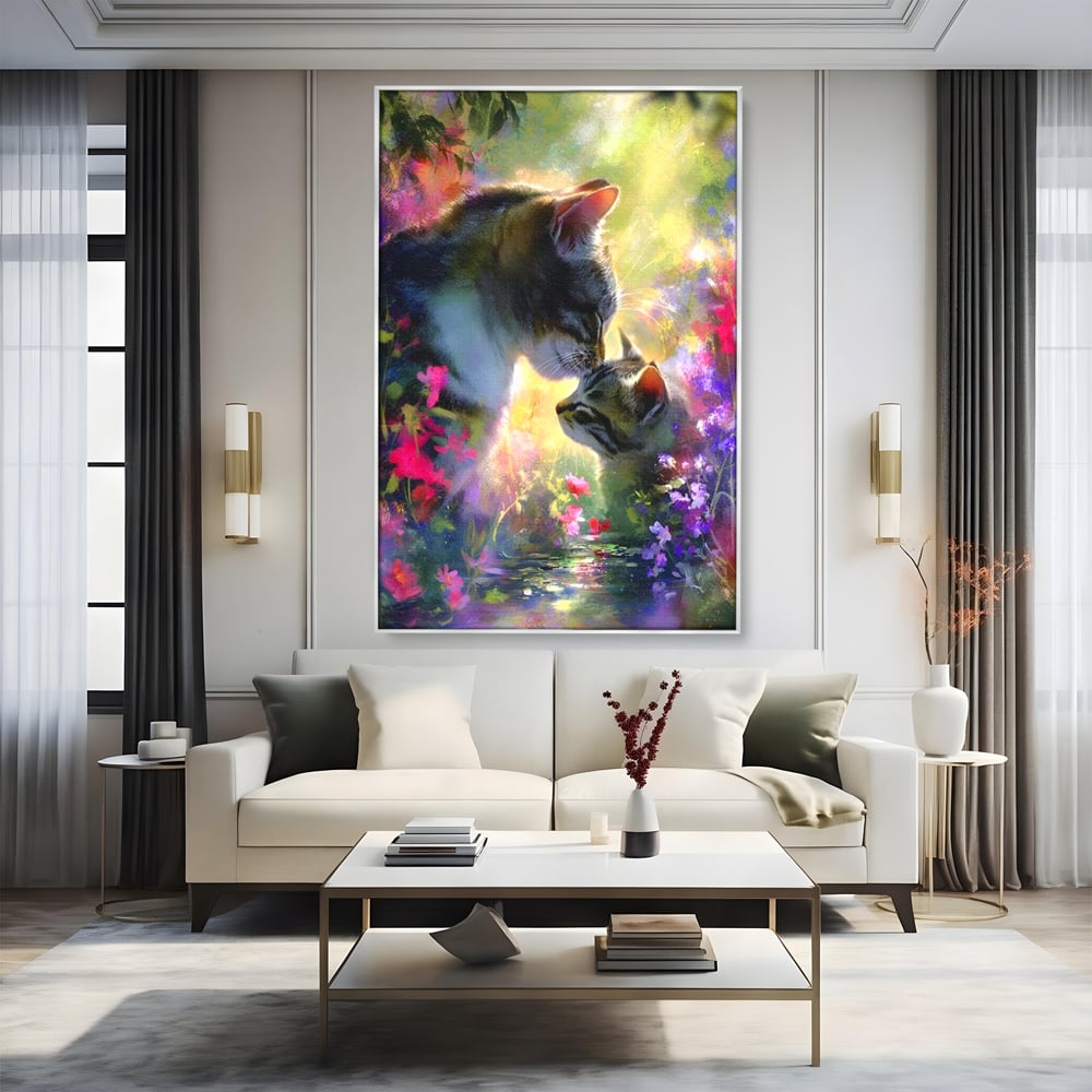 Leinwand Wandkunst Leinwand Wandkunst Premium, LuxCanva® M1508, Ein Moment der Zärtlichkeit, Katzen, Garten, Blumen, Liebe, Mama, Mutti, Huhn, Familie, Paradies, Schlafzimmer, Büro, Wohnen, Babyzimmer