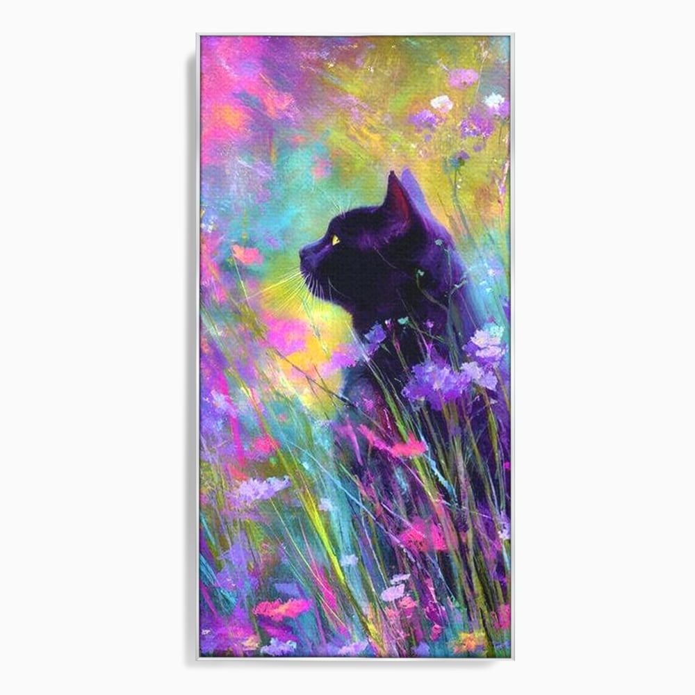 Leinwand Wandkunst Leinwand Wandkunst Premium, LuxCanva® M1509, Wo Träume blühen, Licht, Magie, Paradies, geheimnisvoll, Traum, Katze, Feline, Blumen, Schlafzimmer, Büro, Wohnen, Babyzimmer