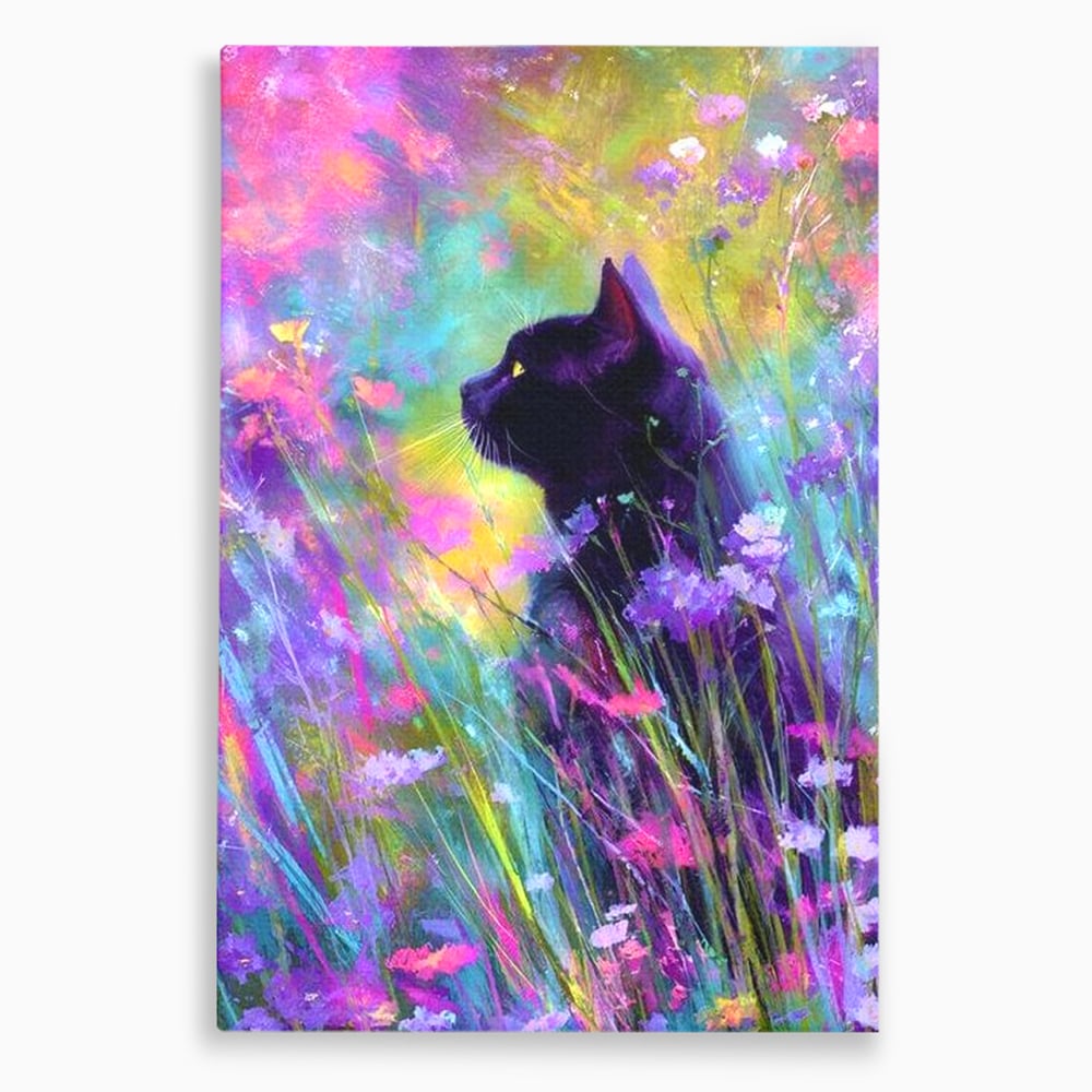 Leinwand Wandkunst Leinwand Wandkunst Premium, LuxCanva® M1509, Wo Träume blühen, Licht, Magie, Paradies, geheimnisvoll, Traum, Katze, Feline, Blumen, Schlafzimmer, Büro, Wohnen, Babyzimmer