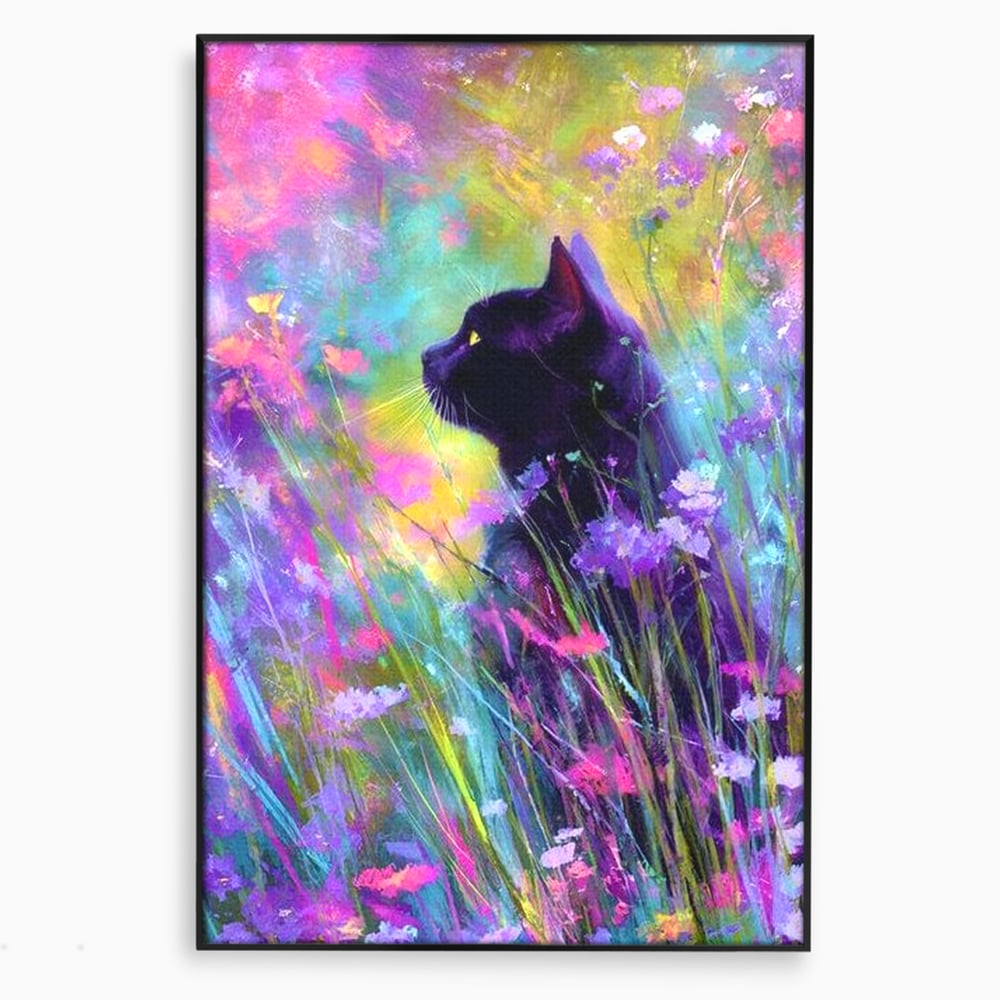 Leinwand Wandkunst Leinwand Wandkunst Premium, LuxCanva® M1509, Wo Träume blühen, Licht, Magie, Paradies, geheimnisvoll, Traum, Katze, Feline, Blumen, Schlafzimmer, Büro, Wohnen, Babyzimmer