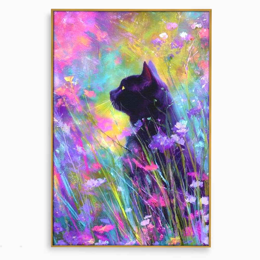 Leinwand Wandkunst Leinwand Wandkunst Premium, LuxCanva® M1509, Wo Träume blühen, Licht, Magie, Paradies, geheimnisvoll, Traum, Katze, Feline, Blumen, Schlafzimmer, Büro, Wohnen, Babyzimmer