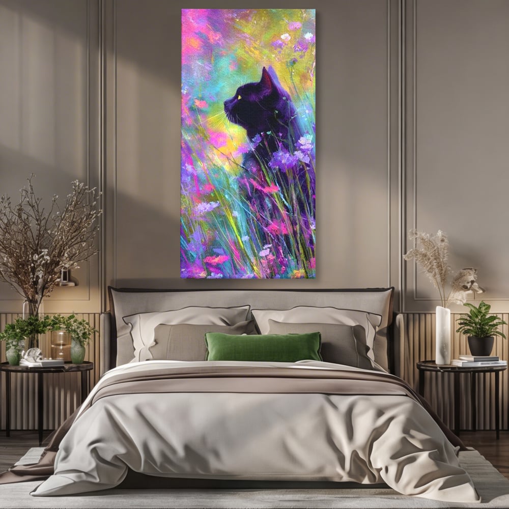 Leinwand Wandkunst Leinwand Wandkunst Premium, LuxCanva® M1509, Wo Träume blühen, Licht, Magie, Paradies, geheimnisvoll, Traum, Katze, Feline, Blumen, Schlafzimmer, Büro, Wohnen, Babyzimmer