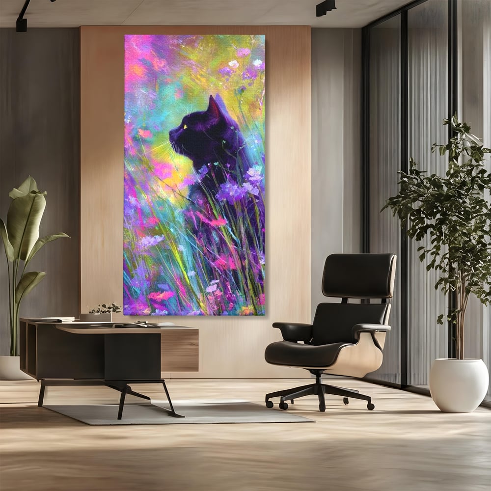 Leinwand Wandkunst Leinwand Wandkunst Premium, LuxCanva® M1509, Wo Träume blühen, Licht, Magie, Paradies, geheimnisvoll, Traum, Katze, Feline, Blumen, Schlafzimmer, Büro, Wohnen, Babyzimmer
