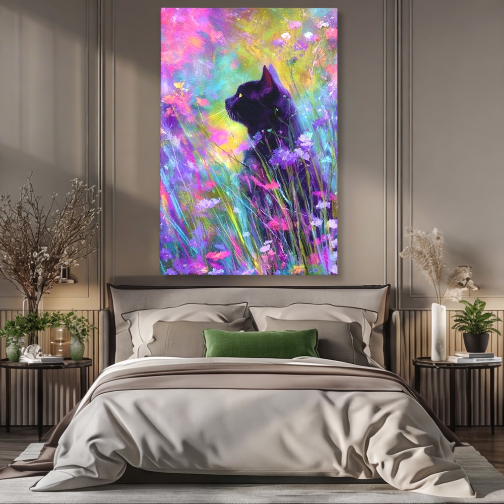 Leinwand Wandkunst Leinwand Wandkunst Premium, LuxCanva® M1509, Wo Träume blühen, Licht, Magie, Paradies, geheimnisvoll, Traum, Katze, Feline, Blumen, Schlafzimmer, Büro, Wohnen, Babyzimmer