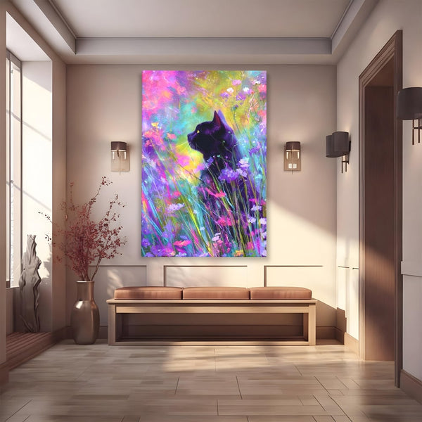 Leinwand Wandkunst Leinwand Wandkunst Premium, LuxCanva® M1509, Wo Träume blühen, Licht, Magie, Paradies, geheimnisvoll, Traum, Katze, Feline, Blumen, Schlafzimmer, Büro, Wohnen, Babyzimmer
