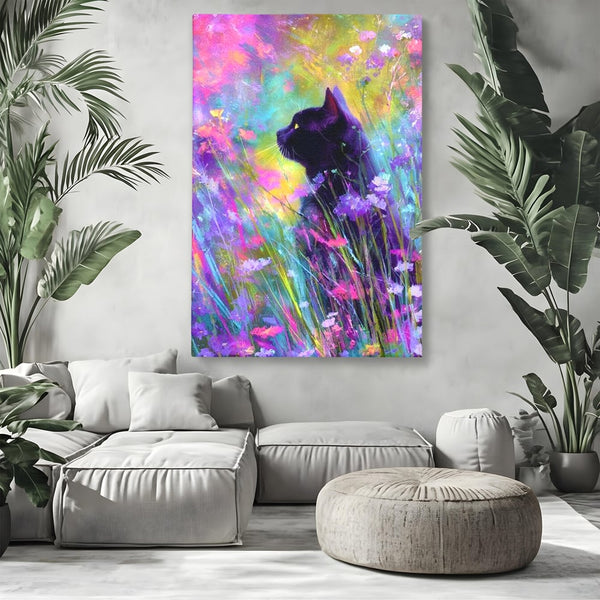 Leinwand Wandkunst Leinwand Wandkunst Premium, LuxCanva® M1509, Wo Träume blühen, Licht, Magie, Paradies, geheimnisvoll, Traum, Katze, Feline, Blumen, Schlafzimmer, Büro, Wohnen, Babyzimmer