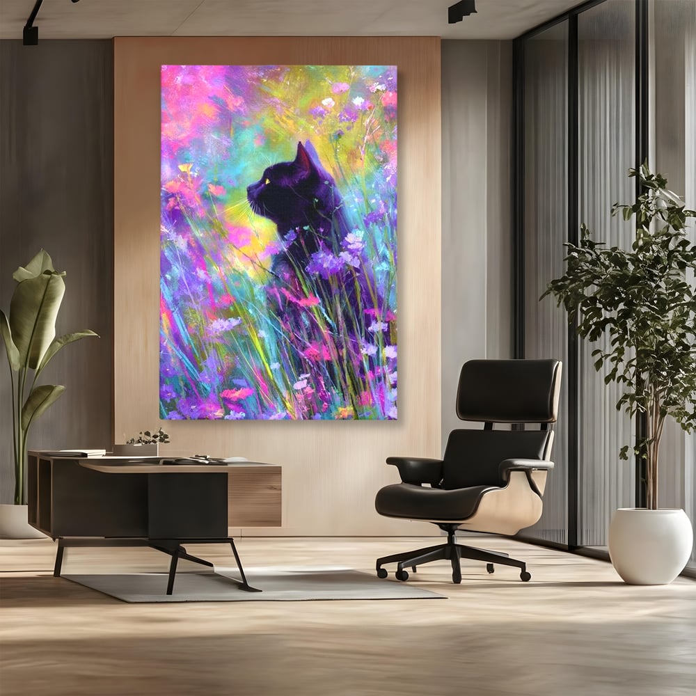 Leinwand Wandkunst Leinwand Wandkunst Premium, LuxCanva® M1509, Wo Träume blühen, Licht, Magie, Paradies, geheimnisvoll, Traum, Katze, Feline, Blumen, Schlafzimmer, Büro, Wohnen, Babyzimmer