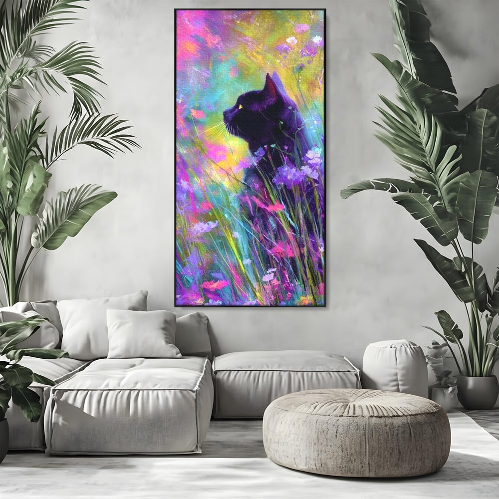 Leinwand Wandkunst Leinwand Wandkunst Premium, LuxCanva® M1509, Wo Träume blühen, Licht, Magie, Paradies, geheimnisvoll, Traum, Katze, Feline, Blumen, Schlafzimmer, Büro, Wohnen, Babyzimmer