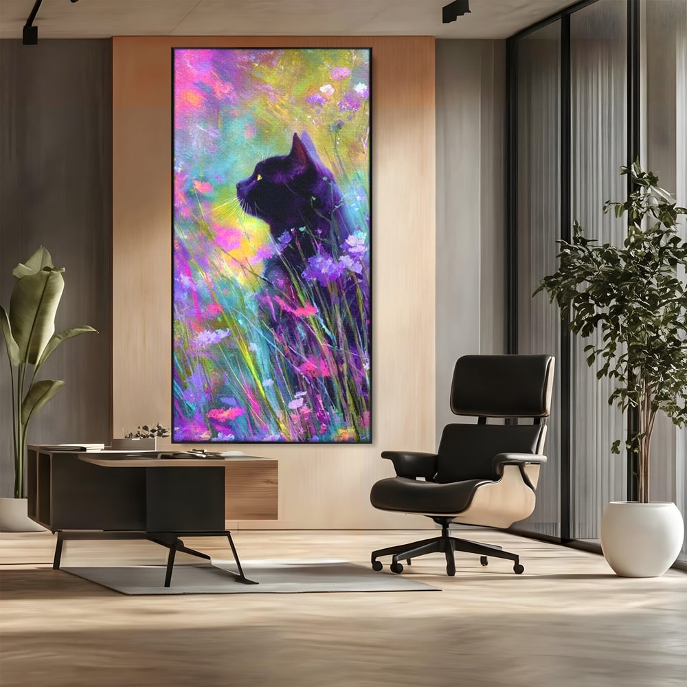 Leinwand Wandkunst Leinwand Wandkunst Premium, LuxCanva® M1509, Wo Träume blühen, Licht, Magie, Paradies, geheimnisvoll, Traum, Katze, Feline, Blumen, Schlafzimmer, Büro, Wohnen, Babyzimmer
