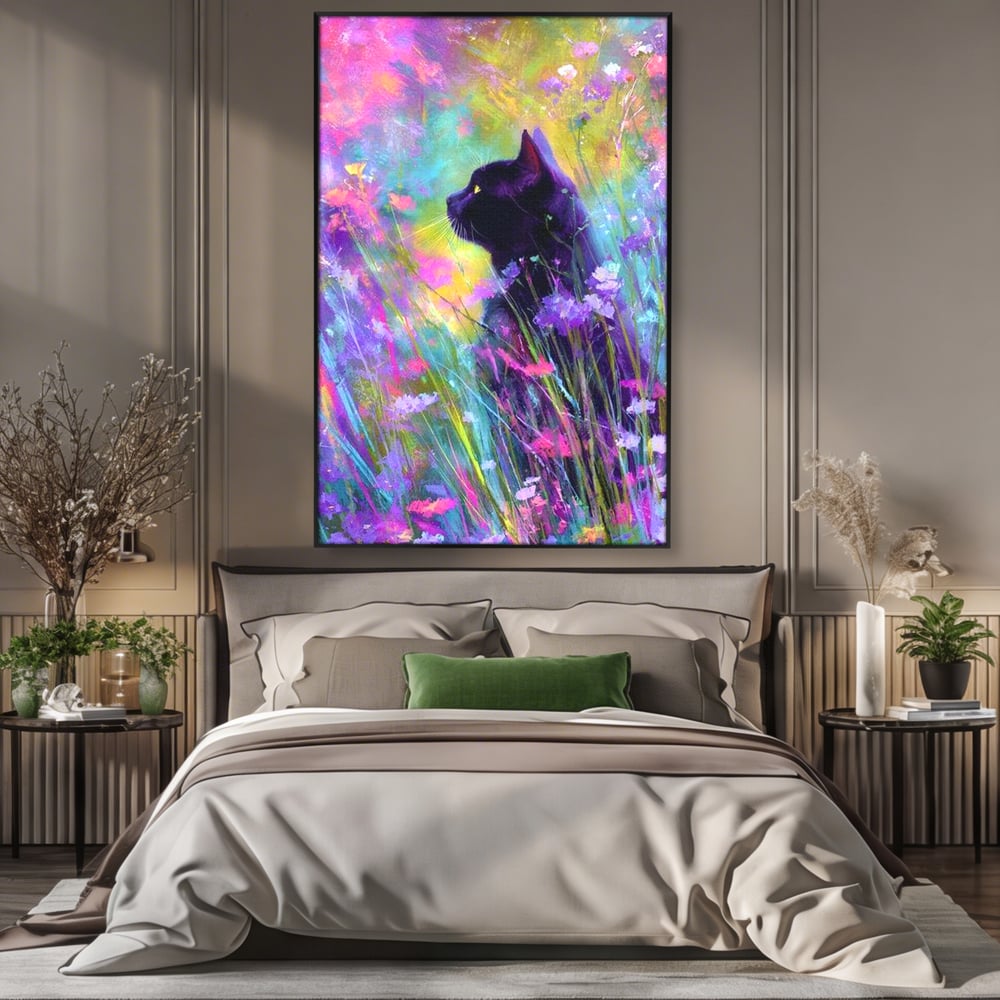 Leinwand Wandkunst Leinwand Wandkunst Premium, LuxCanva® M1509, Wo Träume blühen, Licht, Magie, Paradies, geheimnisvoll, Traum, Katze, Feline, Blumen, Schlafzimmer, Büro, Wohnen, Babyzimmer