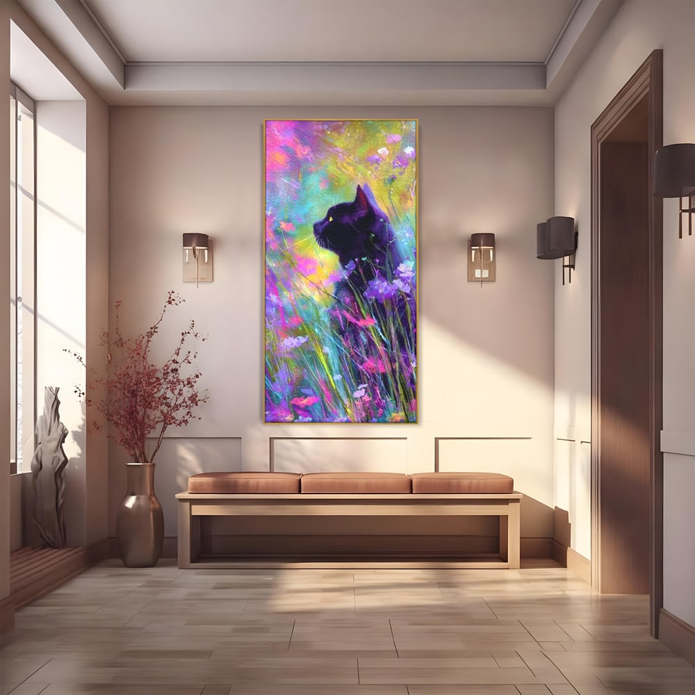 Leinwand Wandkunst Leinwand Wandkunst Premium, LuxCanva® M1509, Wo Träume blühen, Licht, Magie, Paradies, geheimnisvoll, Traum, Katze, Feline, Blumen, Schlafzimmer, Büro, Wohnen, Babyzimmer