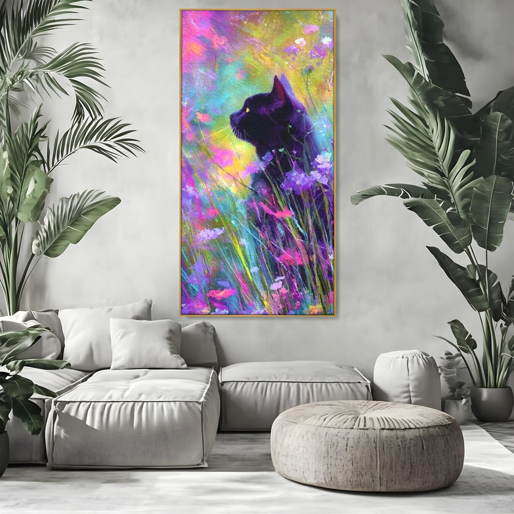 Leinwand Wandkunst Leinwand Wandkunst Premium, LuxCanva® M1509, Wo Träume blühen, Licht, Magie, Paradies, geheimnisvoll, Traum, Katze, Feline, Blumen, Schlafzimmer, Büro, Wohnen, Babyzimmer