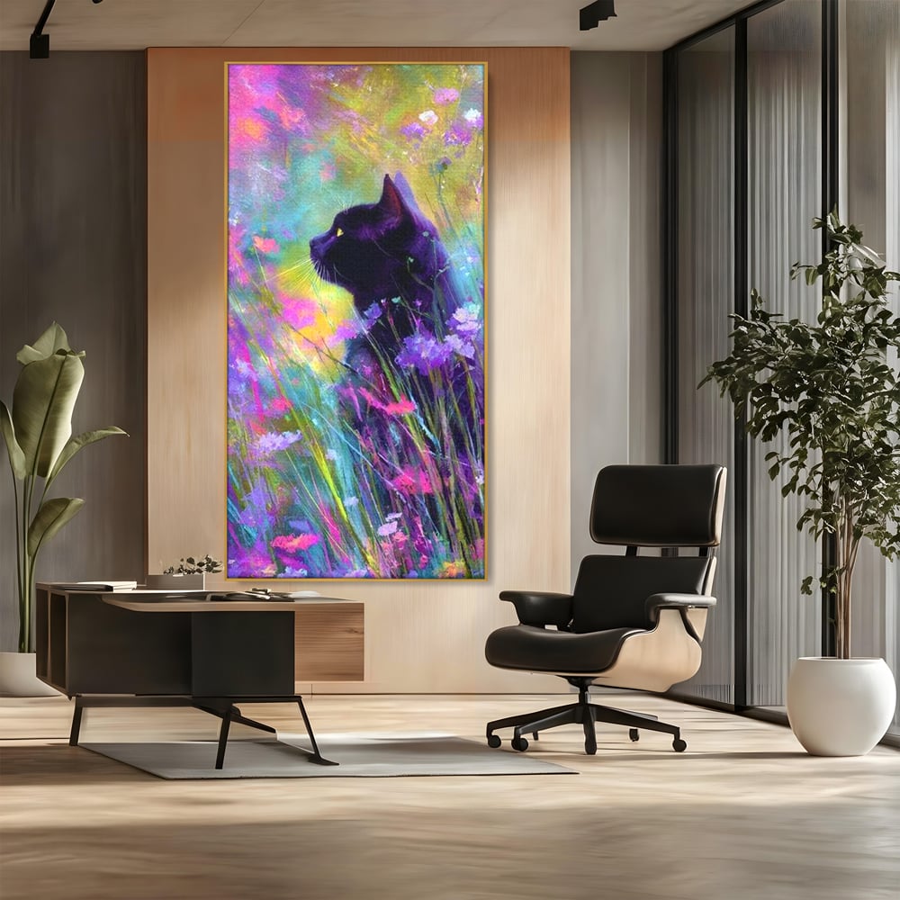 Leinwand Wandkunst Leinwand Wandkunst Premium, LuxCanva® M1509, Wo Träume blühen, Licht, Magie, Paradies, geheimnisvoll, Traum, Katze, Feline, Blumen, Schlafzimmer, Büro, Wohnen, Babyzimmer
