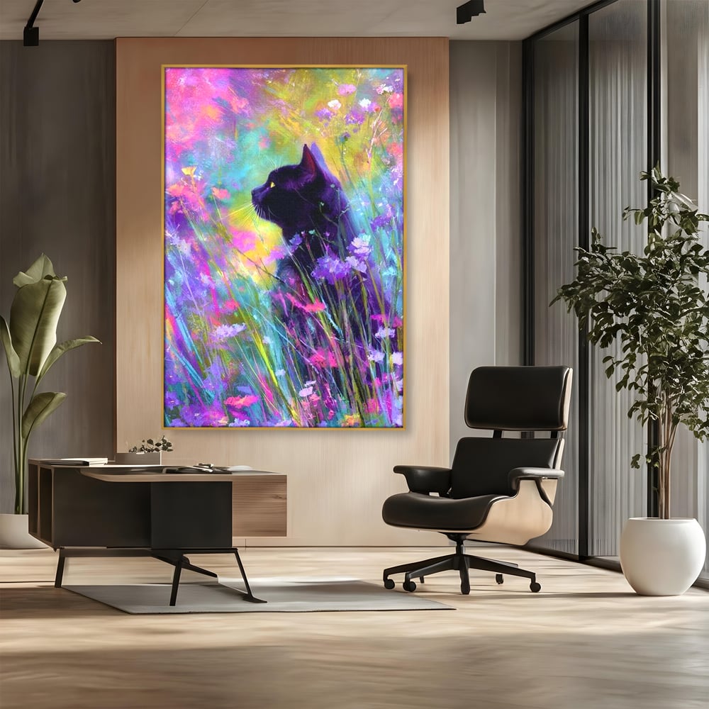 Leinwand Wandkunst Leinwand Wandkunst Premium, LuxCanva® M1509, Wo Träume blühen, Licht, Magie, Paradies, geheimnisvoll, Traum, Katze, Feline, Blumen, Schlafzimmer, Büro, Wohnen, Babyzimmer