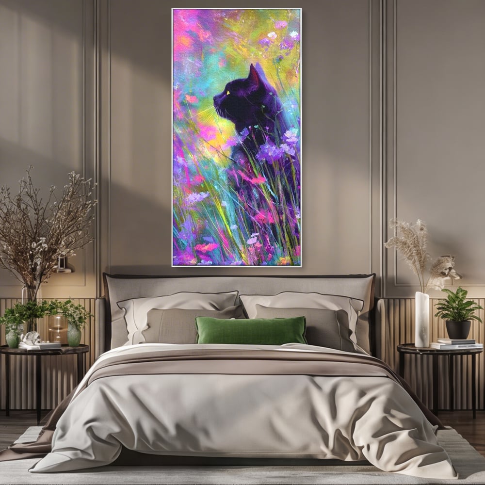 Leinwand Wandkunst Leinwand Wandkunst Premium, LuxCanva® M1509, Wo Träume blühen, Licht, Magie, Paradies, geheimnisvoll, Traum, Katze, Feline, Blumen, Schlafzimmer, Büro, Wohnen, Babyzimmer