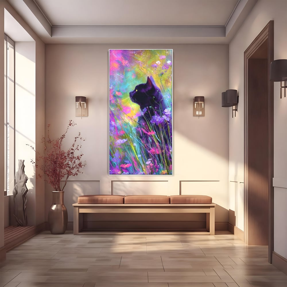 Leinwand Wandkunst Leinwand Wandkunst Premium, LuxCanva® M1509, Wo Träume blühen, Licht, Magie, Paradies, geheimnisvoll, Traum, Katze, Feline, Blumen, Schlafzimmer, Büro, Wohnen, Babyzimmer
