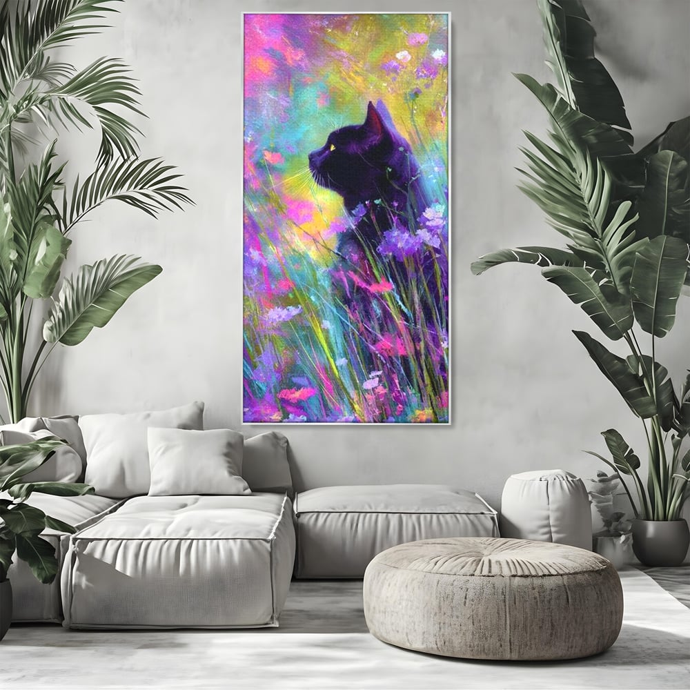 Leinwand Wandkunst Leinwand Wandkunst Premium, LuxCanva® M1509, Wo Träume blühen, Licht, Magie, Paradies, geheimnisvoll, Traum, Katze, Feline, Blumen, Schlafzimmer, Büro, Wohnen, Babyzimmer