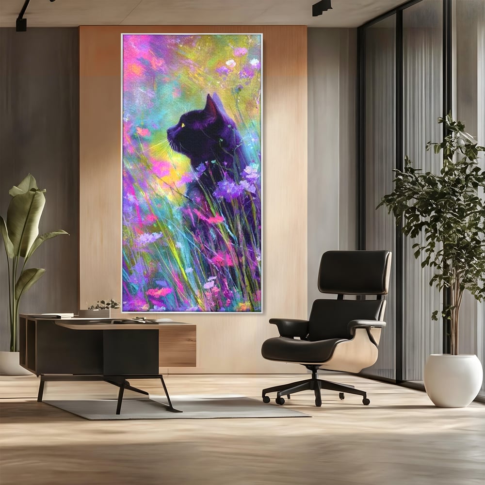Leinwand Wandkunst Leinwand Wandkunst Premium, LuxCanva® M1509, Wo Träume blühen, Licht, Magie, Paradies, geheimnisvoll, Traum, Katze, Feline, Blumen, Schlafzimmer, Büro, Wohnen, Babyzimmer