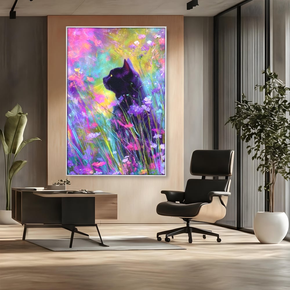 Leinwand Wandkunst Leinwand Wandkunst Premium, LuxCanva® M1509, Wo Träume blühen, Licht, Magie, Paradies, geheimnisvoll, Traum, Katze, Feline, Blumen, Schlafzimmer, Büro, Wohnen, Babyzimmer
