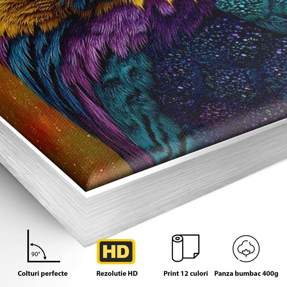 Leinwand Wandkunst Canvas Wall Art Premium, LuxCanva® M1511, Nachtflügel, Eule, Vogel, Vogelfeder, golden, nachtaktiv, geheimnisvoll, leuchtende Farben, Schlafzimmer, Büro, Wohnzimmer, Kinderzimmer