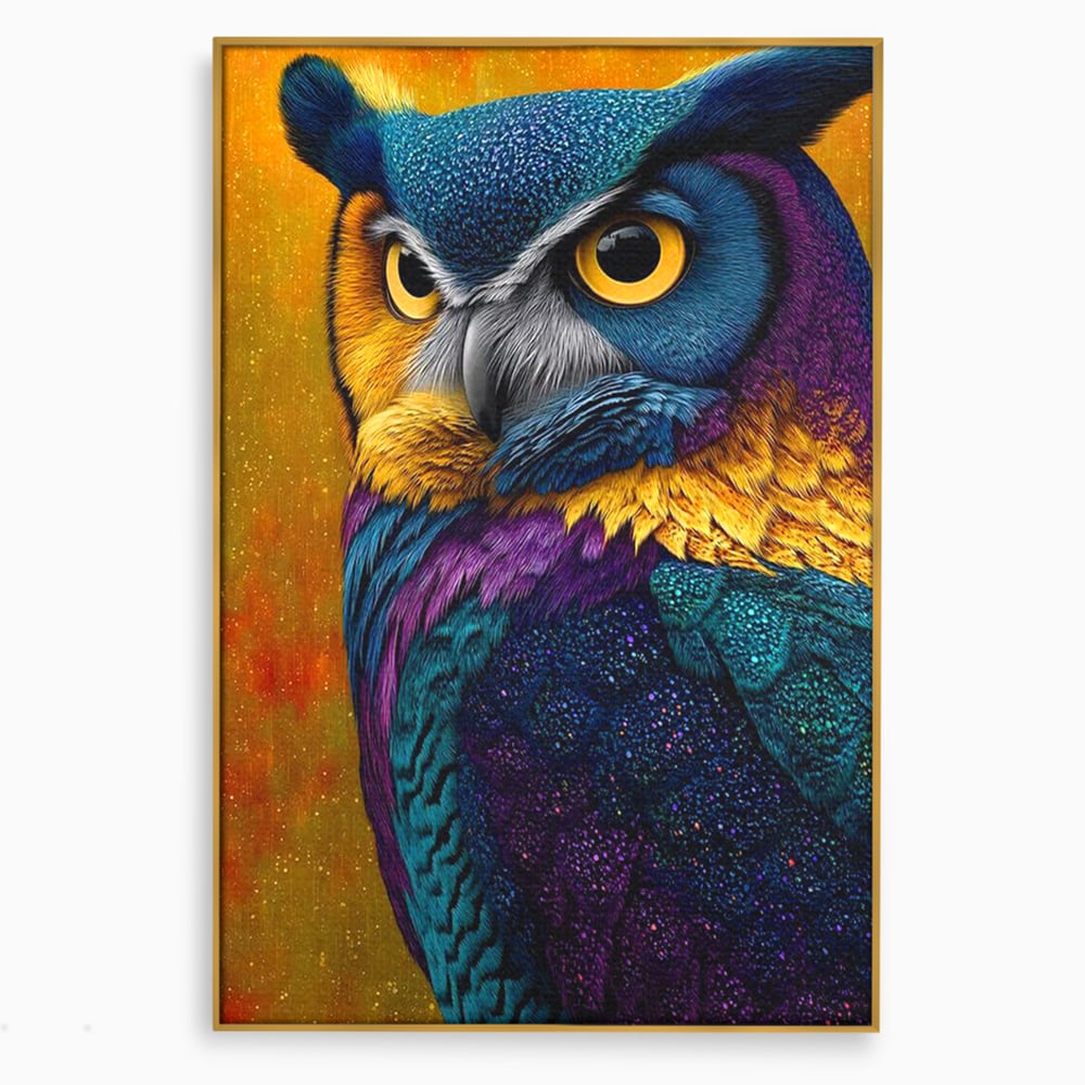 Leinwand Wandkunst Canvas Wall Art Premium, LuxCanva® M1511, Nachtflügel, Eule, Vogel, Vogelfeder, golden, nachtaktiv, geheimnisvoll, leuchtende Farben, Schlafzimmer, Büro, Wohnzimmer, Kinderzimmer