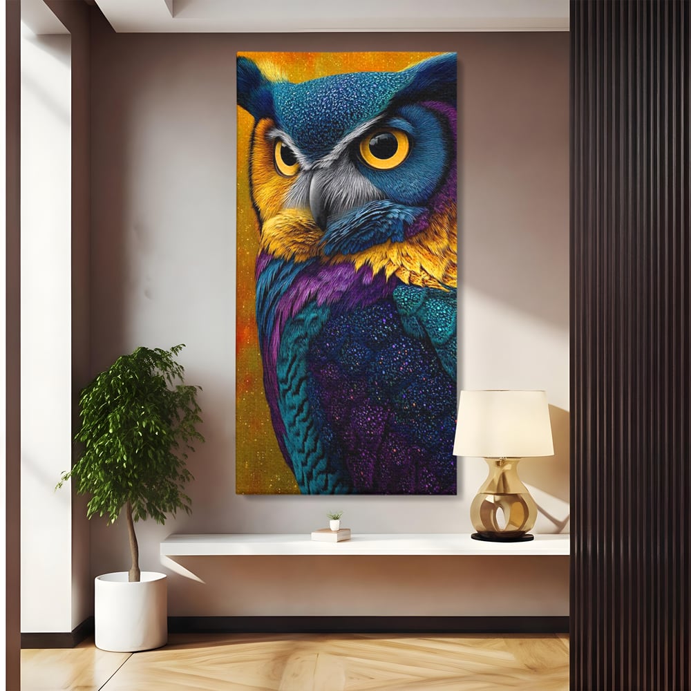 Leinwand Wandkunst Canvas Wall Art Premium, LuxCanva® M1511, Nachtflügel, Eule, Vogel, Vogelfeder, golden, nachtaktiv, geheimnisvoll, leuchtende Farben, Schlafzimmer, Büro, Wohnzimmer, Kinderzimmer