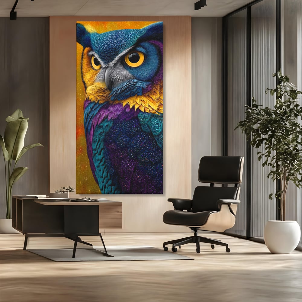 Leinwand Wandkunst Canvas Wall Art Premium, LuxCanva® M1511, Nachtflügel, Eule, Vogel, Vogelfeder, golden, nachtaktiv, geheimnisvoll, leuchtende Farben, Schlafzimmer, Büro, Wohnzimmer, Kinderzimmer