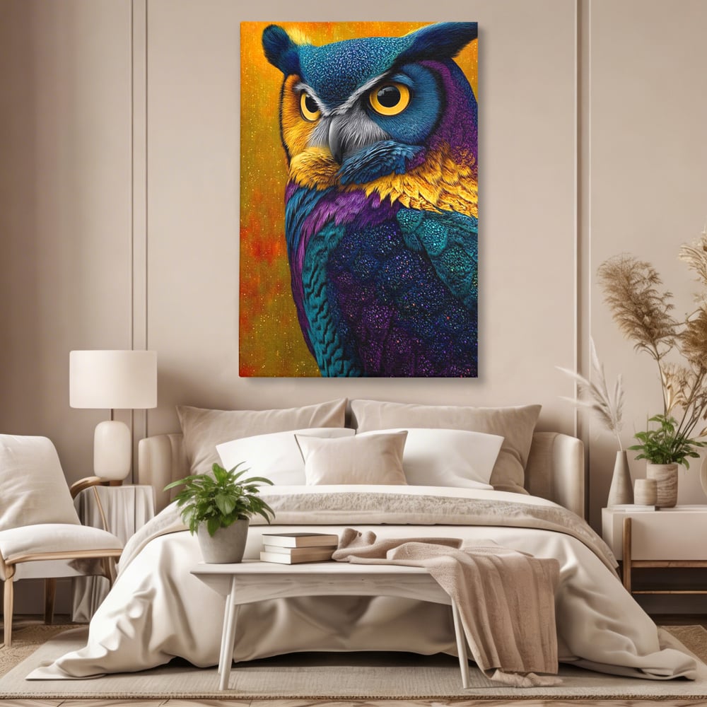 Leinwand Wandkunst Canvas Wall Art Premium, LuxCanva® M1511, Nachtflügel, Eule, Vogel, Vogelfeder, golden, nachtaktiv, geheimnisvoll, leuchtende Farben, Schlafzimmer, Büro, Wohnzimmer, Kinderzimmer