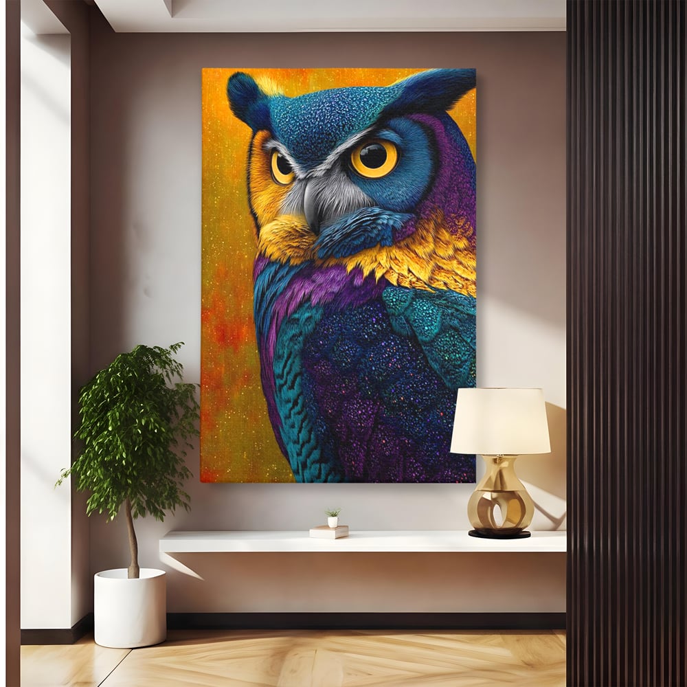 Leinwand Wandkunst Canvas Wall Art Premium, LuxCanva® M1511, Nachtflügel, Eule, Vogel, Vogelfeder, golden, nachtaktiv, geheimnisvoll, leuchtende Farben, Schlafzimmer, Büro, Wohnzimmer, Kinderzimmer