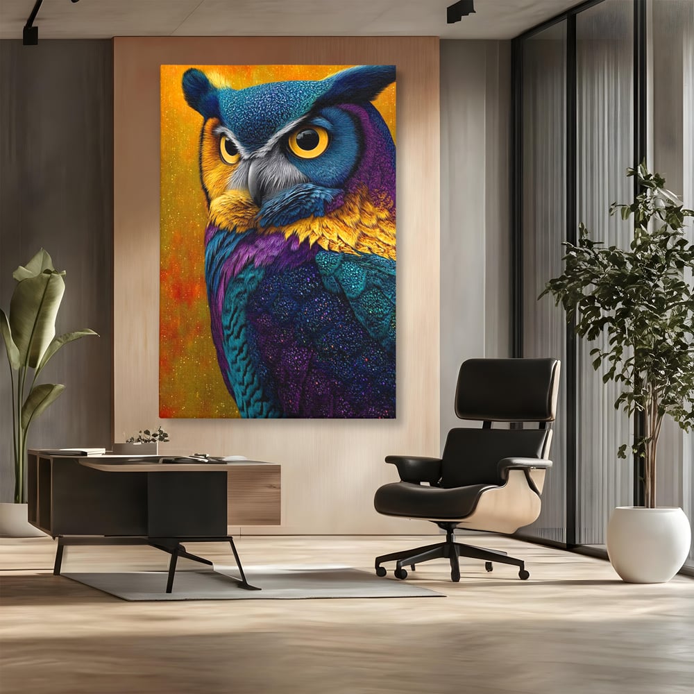 Leinwand Wandkunst Canvas Wall Art Premium, LuxCanva® M1511, Nachtflügel, Eule, Vogel, Vogelfeder, golden, nachtaktiv, geheimnisvoll, leuchtende Farben, Schlafzimmer, Büro, Wohnzimmer, Kinderzimmer