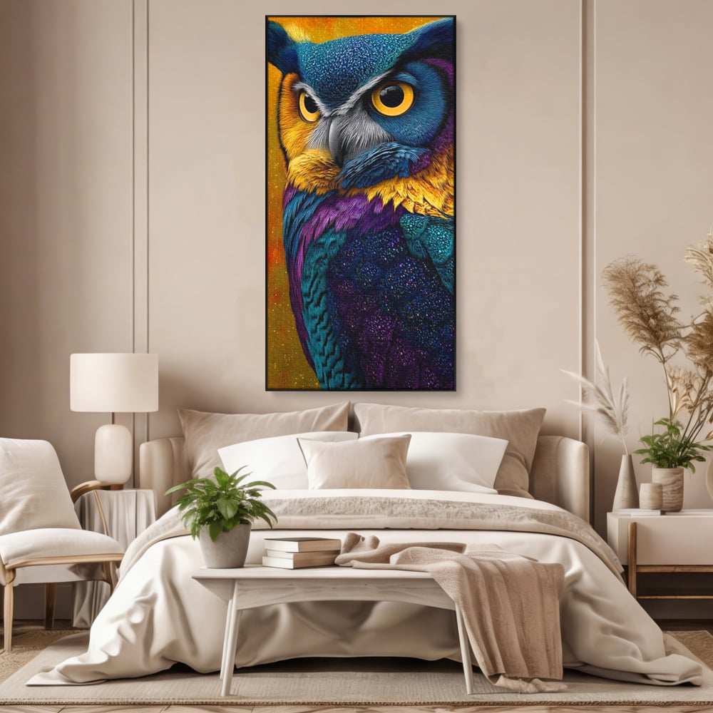 Leinwand Wandkunst Canvas Wall Art Premium, LuxCanva® M1511, Nachtflügel, Eule, Vogel, Vogelfeder, golden, nachtaktiv, geheimnisvoll, leuchtende Farben, Schlafzimmer, Büro, Wohnzimmer, Kinderzimmer