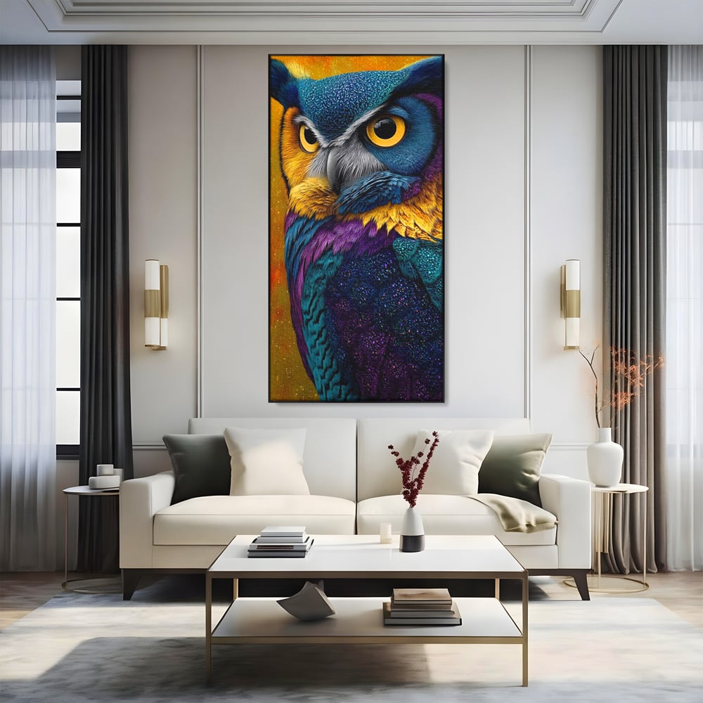 Leinwand Wandkunst Canvas Wall Art Premium, LuxCanva® M1511, Nachtflügel, Eule, Vogel, Vogelfeder, golden, nachtaktiv, geheimnisvoll, leuchtende Farben, Schlafzimmer, Büro, Wohnzimmer, Kinderzimmer