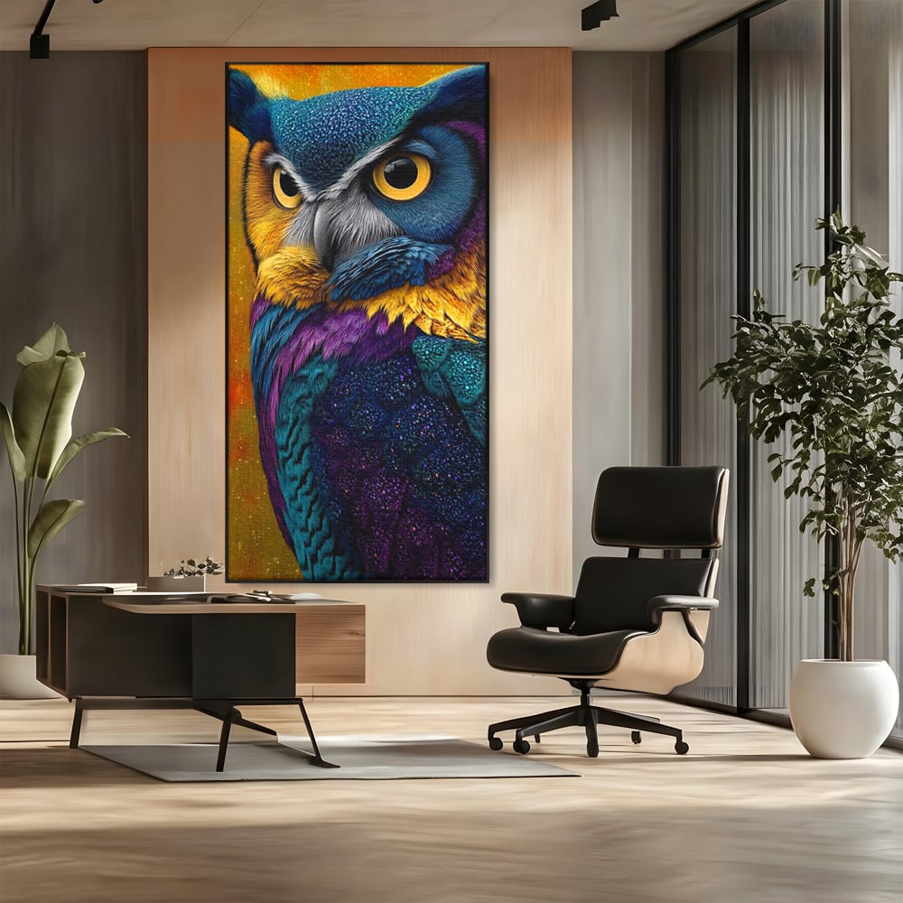 Leinwand Wandkunst Canvas Wall Art Premium, LuxCanva® M1511, Nachtflügel, Eule, Vogel, Vogelfeder, golden, nachtaktiv, geheimnisvoll, leuchtende Farben, Schlafzimmer, Büro, Wohnzimmer, Kinderzimmer