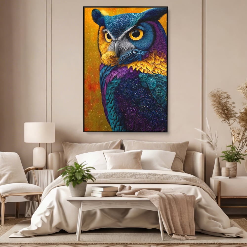 Leinwand Wandkunst Canvas Wall Art Premium, LuxCanva® M1511, Nachtflügel, Eule, Vogel, Vogelfeder, golden, nachtaktiv, geheimnisvoll, leuchtende Farben, Schlafzimmer, Büro, Wohnzimmer, Kinderzimmer