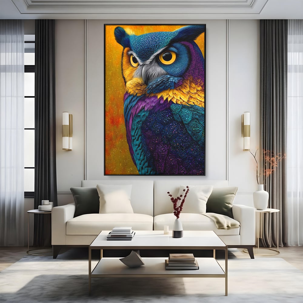 Leinwand Wandkunst Canvas Wall Art Premium, LuxCanva® M1511, Nachtflügel, Eule, Vogel, Vogelfeder, golden, nachtaktiv, geheimnisvoll, leuchtende Farben, Schlafzimmer, Büro, Wohnzimmer, Kinderzimmer