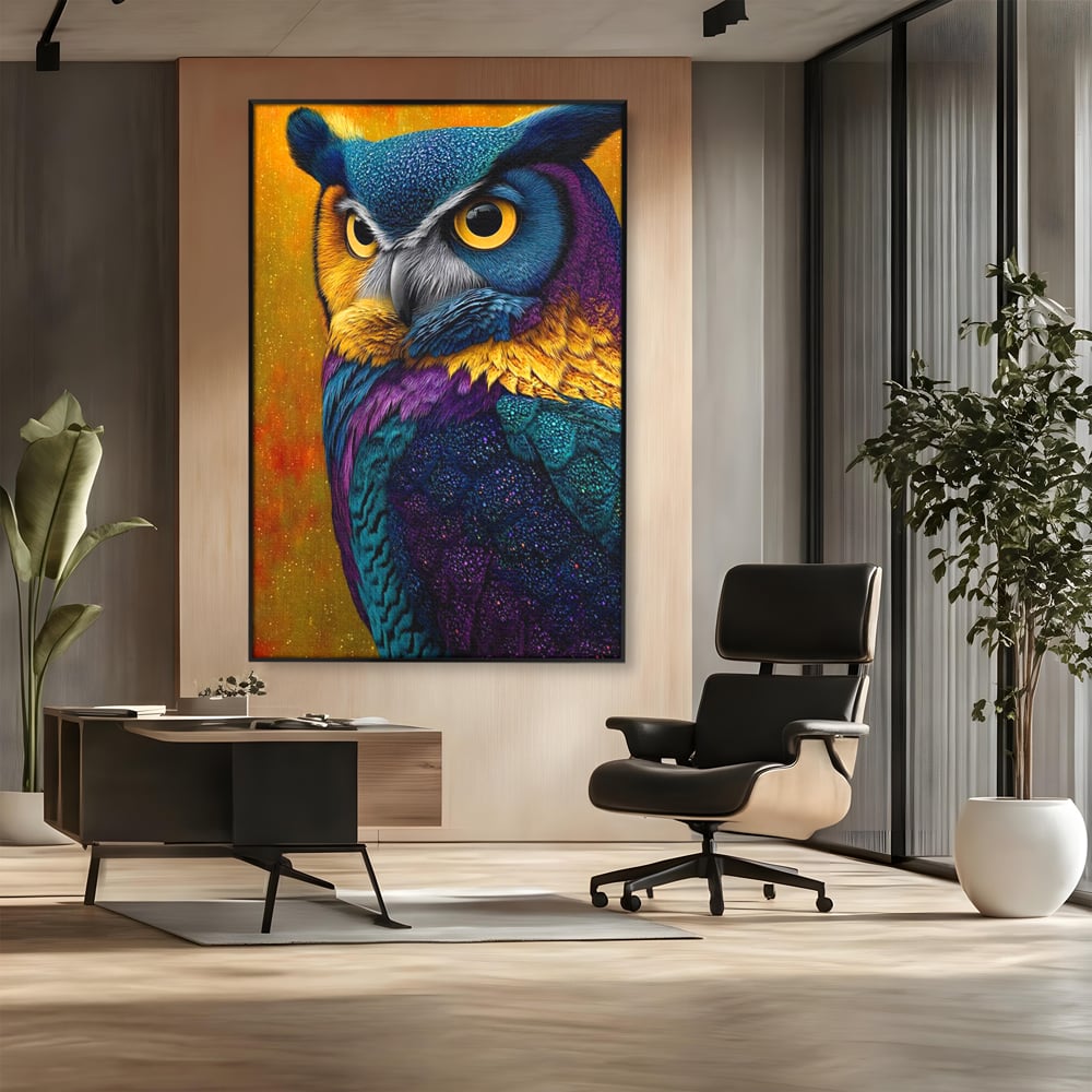 Leinwand Wandkunst Canvas Wall Art Premium, LuxCanva® M1511, Nachtflügel, Eule, Vogel, Vogelfeder, golden, nachtaktiv, geheimnisvoll, leuchtende Farben, Schlafzimmer, Büro, Wohnzimmer, Kinderzimmer