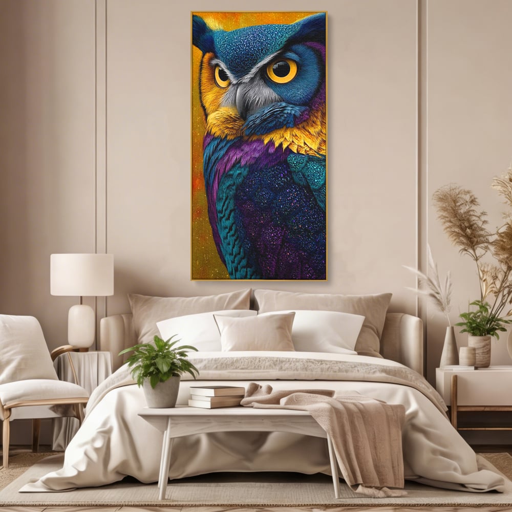 Leinwand Wandkunst Canvas Wall Art Premium, LuxCanva® M1511, Nachtflügel, Eule, Vogel, Vogelfeder, golden, nachtaktiv, geheimnisvoll, leuchtende Farben, Schlafzimmer, Büro, Wohnzimmer, Kinderzimmer